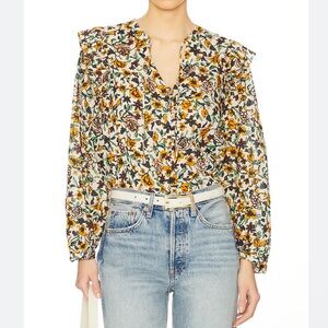 Cleobella NWT Malin Blouse size Large Wild Cosmos multi Floral Cotton Tan Brown